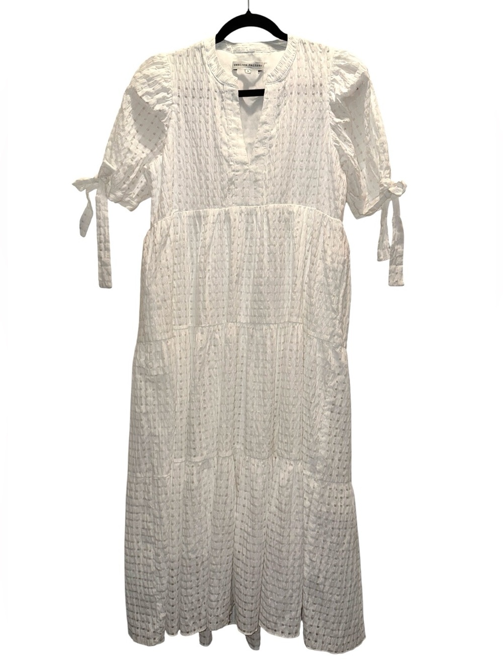 English Factory Gingham Tiered Midi Dress Puff Bow TieSleeves VNeckHN657D Medium - Picture 4 of 15